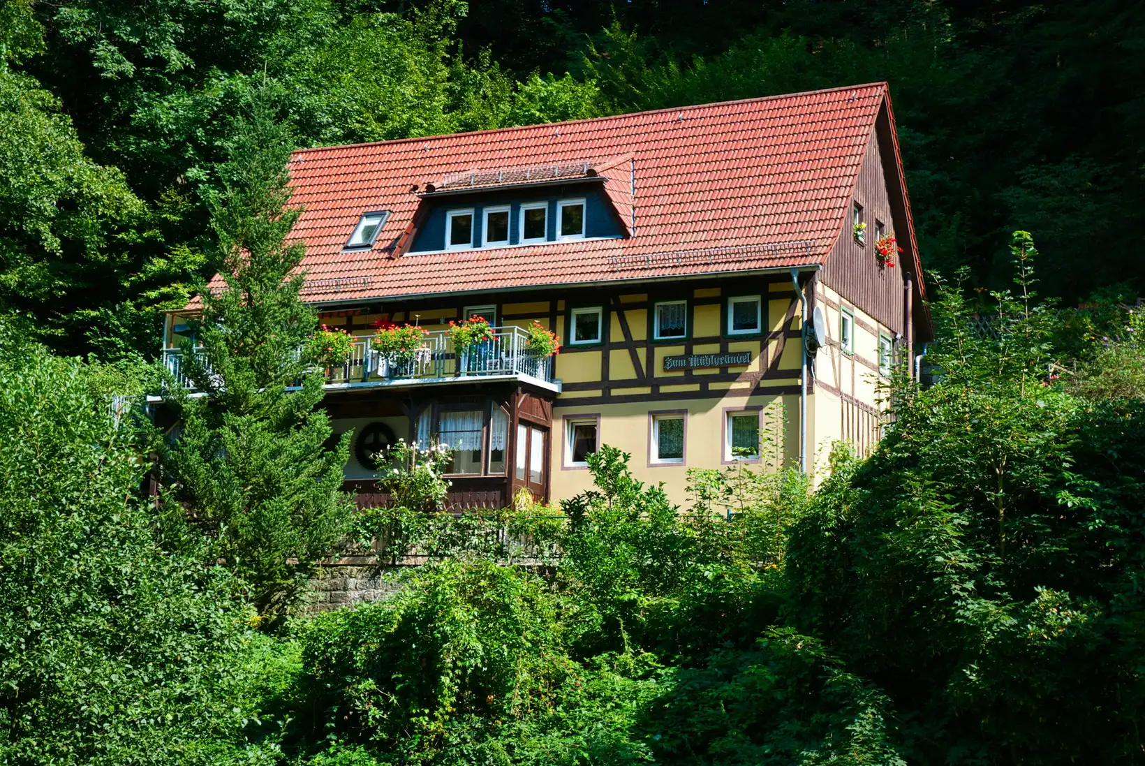 Einfamilienhaus mit rotem Dach im Grünen