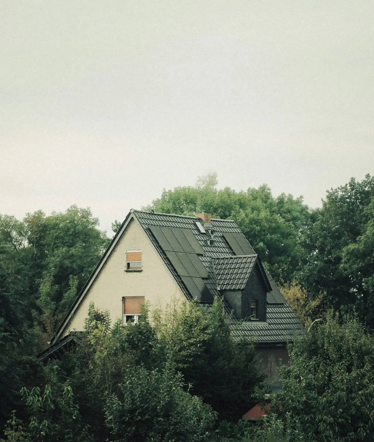 Siedlungshaus mit Satteldach zwischen hohen Bäumen